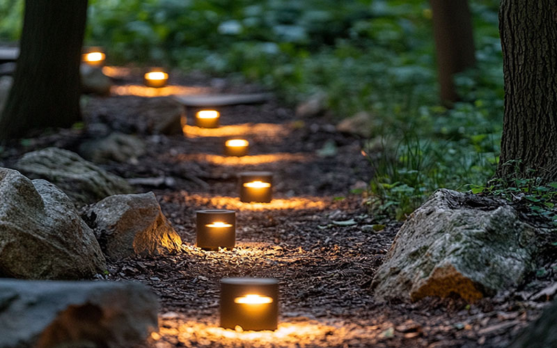 Camino en la naturaleza seguido por una sucesión de velas encendidas en el suelo.